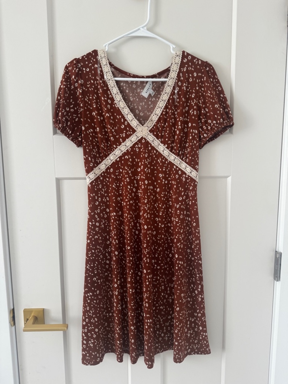 Gilli Brown Floral Lace-Trim V-Neck Dress small Y2K